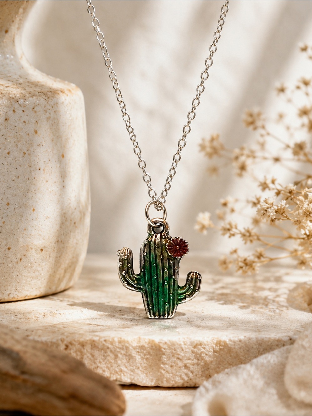 Hand Enameled Cactus Necklace, Boho Desert Pendant, Southwest Style Jewelry